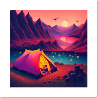 80s Style Hawaiian Camp in a Beautiful Sunset Retro Vintage Travel Artwork Posters and Art